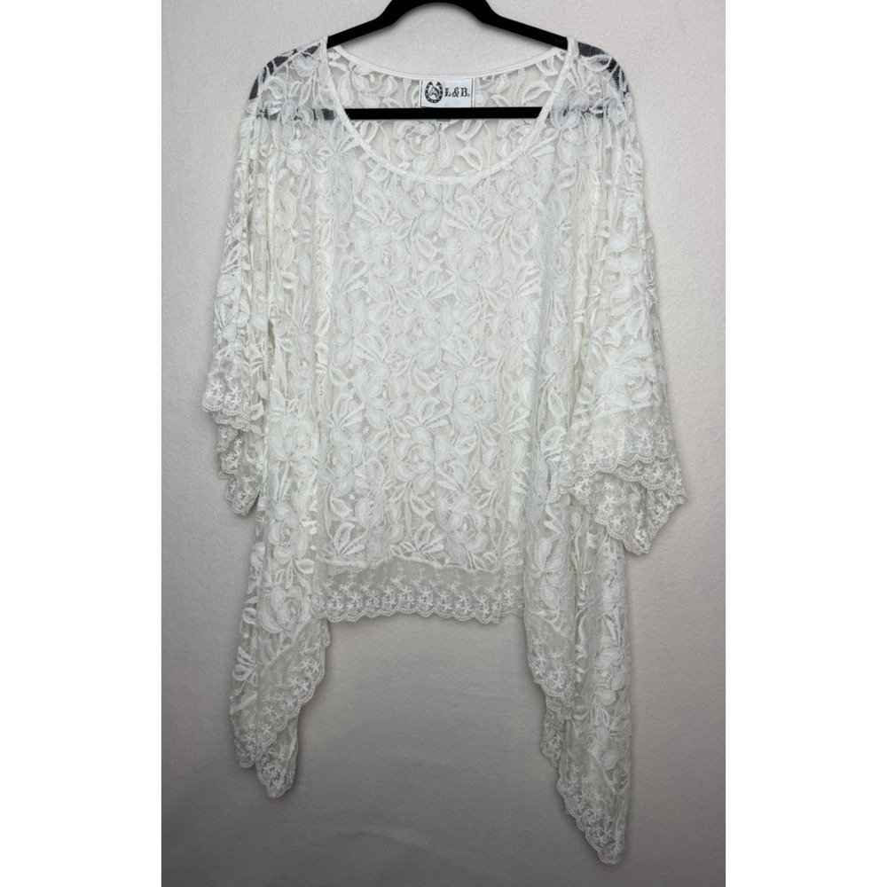 L&B Cream Lace Poncho Style Pullover Top Size Large See Through Bell Sleeve
